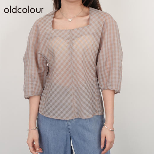 oldcolour21夏方领泡泡袖格子显瘦修身气质法式衬衫N24012289 商品图0