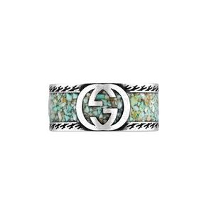 【包税】GUCCI/古驰 22春夏新款 纯银棕色宝石灰绿色珐琅刻花互扣式双G戒指648567J84109071