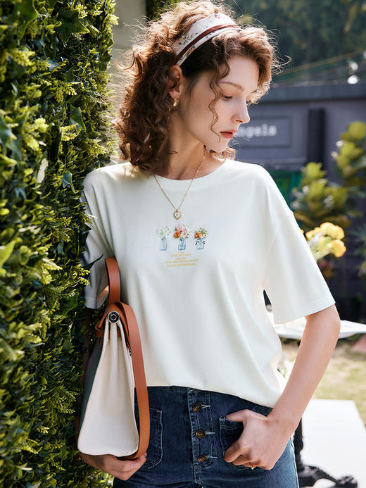 OLrain法式高级穿搭白色短袖t恤女夏季2022新款宽松时尚天丝上衣 商品图3