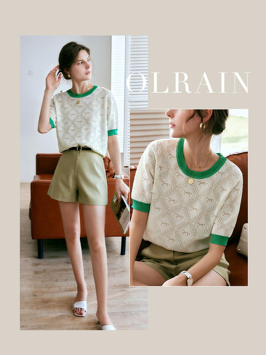 OLrain法式高级穿搭杏色短袖针织衫女夏季2022年新款显瘦薄款上衣 商品图0