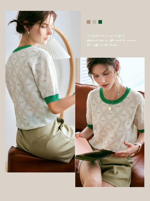 OLrain法式高级穿搭杏色短袖针织衫女夏季2022年新款显瘦薄款上衣 商品图3