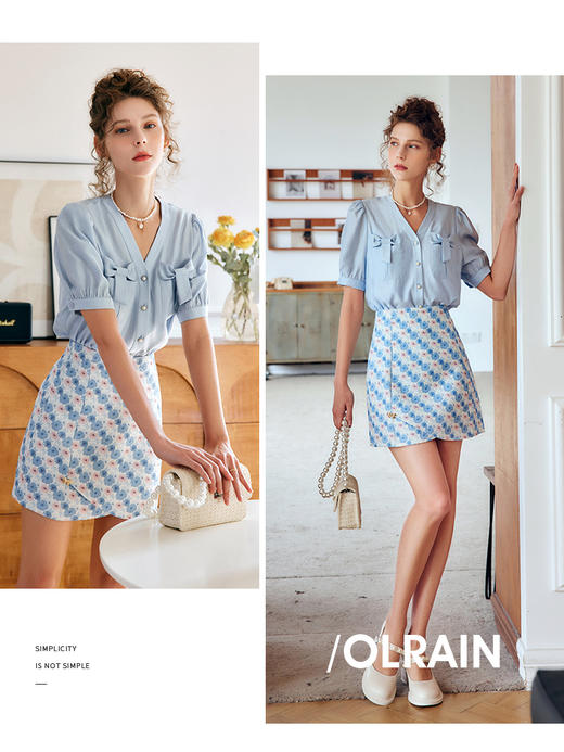 OLrain法式高级穿搭V领衬衫女夏季2022新款宽松显瘦蝴蝶薄款衬衣 商品图2