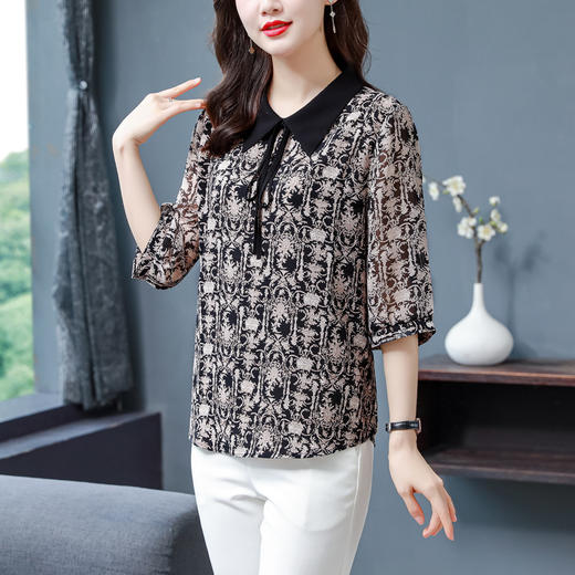 MZ802452 通勤高端真丝桑蚕丝衬衣女2022年新款复古翻领半袖薄款大码上衣夏 商品图3