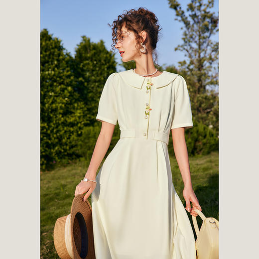 OLrain法式高级穿搭娃娃领连衣裙女夏季2022新款收腰泡泡袖气质裙 商品图3