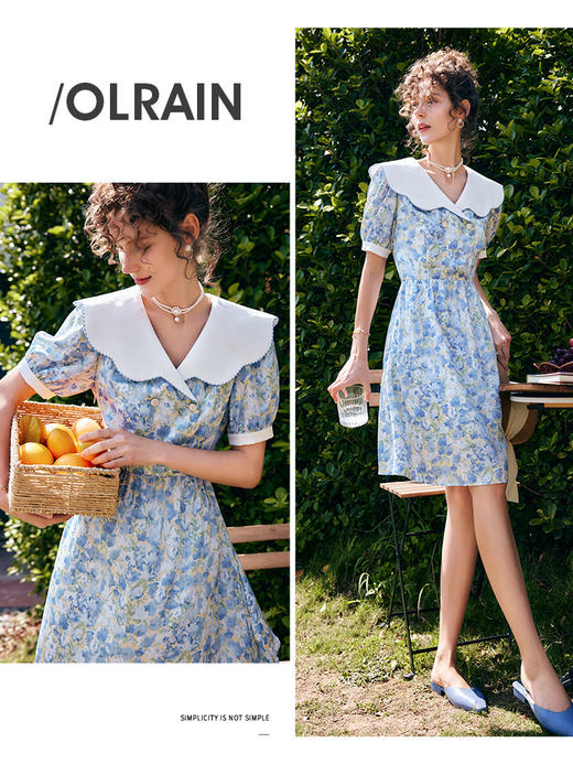 OLrain法式高级穿搭碎花连衣裙女夏季2022新款收腰显瘦娃娃领裙子 商品图2