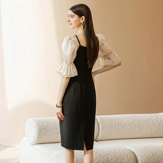 IWY/新款夏季时尚黑色泡泡袖收腰连衣裙短袖女法式设计感方领裙子22XQ0024 商品图4