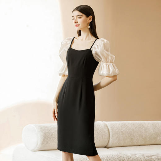 IWY/新款夏季时尚黑色泡泡袖收腰连衣裙短袖女法式设计感方领裙子22XQ0024 商品图3