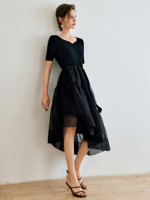 OLrain法式高级穿搭黑色连衣裙女夏季2022新款收腰薄款网纱拼接裙 商品图1