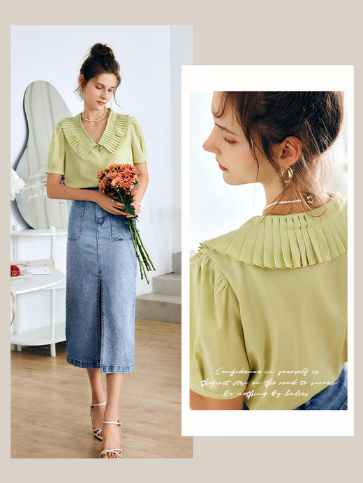 OLrain法式高级穿搭蕾丝雪纺衫女夏季2022年新款宽松时尚压褶衬衣 商品图0