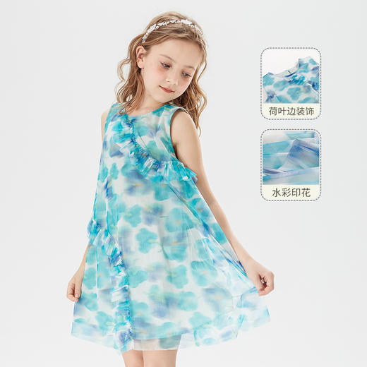 mettekids女童连衣裙夏中大童水彩花网纱洋气时髦公主裙儿童裙子 商品图1