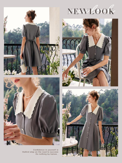 OLrain法式高级穿搭赫本风连衣裙女夏季2022新款收腰撞色泡泡袖裙 商品图1