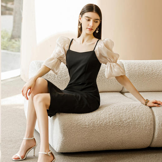 IWY/新款夏季时尚黑色泡泡袖收腰连衣裙短袖女法式设计感方领裙子22XQ0024 商品图5