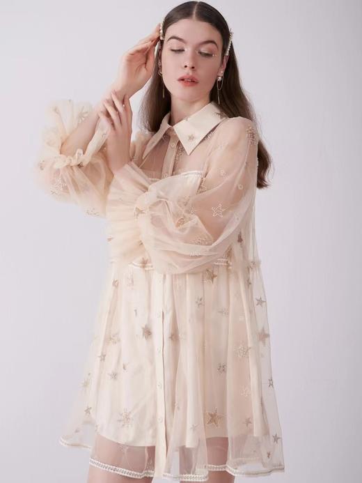 裸色星空刺绣泡泡袖连衣裙 商品图0