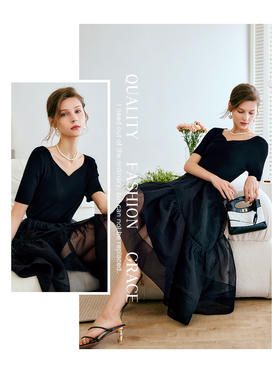 OLrain法式高级穿搭黑色连衣裙女夏季2022新款收腰薄款网纱拼接裙