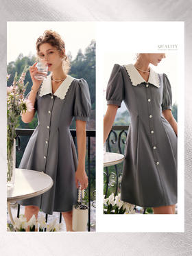 OLrain法式高级穿搭赫本风连衣裙女夏季2022新款收腰撞色泡泡袖裙