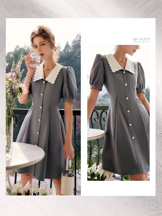 OLrain法式高级穿搭赫本风连衣裙女夏季2022新款收腰撞色泡泡袖裙 商品图0