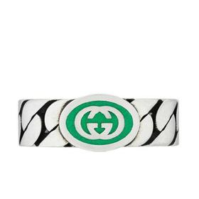 【包税】GUCCI/古驰 22春夏新款 银色925纯银马衔索链结构饰绿色珐琅互扣式双G交织戒指701612J84108414