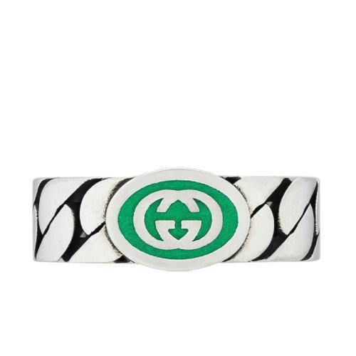【包税】GUCCI/古驰 22春夏新款 银色925纯银马衔索链结构饰绿色珐琅互扣式双G交织戒指701612J84108414 商品图0