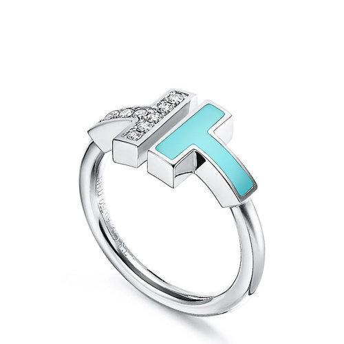 【包税】Tiffany & Co./蒂芙尼 经典Tiffany T系列 18K金白金镶嵌钻石绿松石T形装饰戒指婚戒GRP11098 商品图1