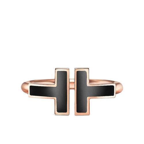 【包税】Tiffany & Co./蒂芙尼 经典Tiffany T系列 18K金玫瑰金镶嵌黑色缟玛瑙T形图案Wire戒指指环GRP11095 商品图0
