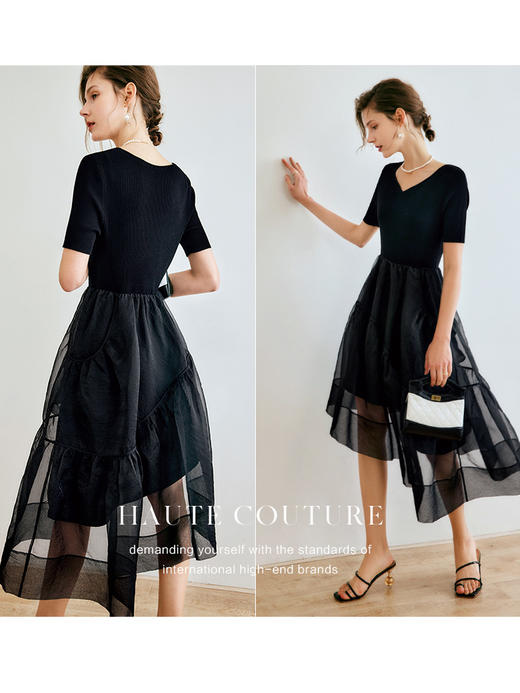 OLrain法式高级穿搭黑色连衣裙女夏季2022新款收腰薄款网纱拼接裙 商品图2