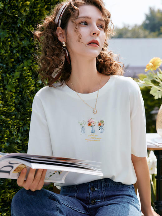 OLrain法式高级穿搭白色短袖t恤女夏季2022新款宽松时尚天丝上衣 商品图1