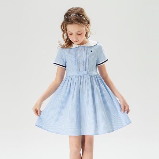 mettekids儿童裙子2022夏季新款女孩洋气时髦白色条纹女童连衣裙 商品图3