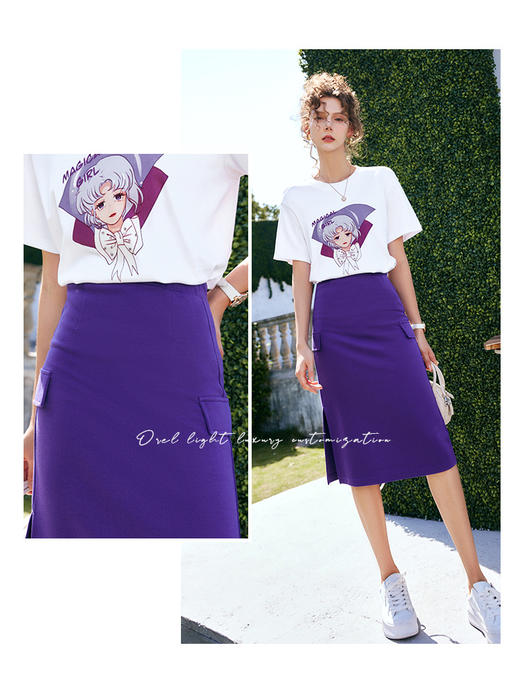 OLrain法式高级穿搭紫色针织半身裙女夏季2022新款高腰气质开叉裙 商品图1