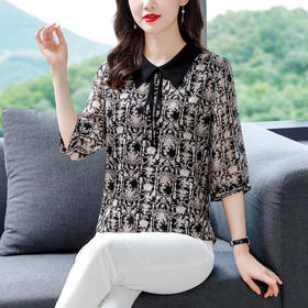 MZ802452 通勤高端真丝桑蚕丝衬衣女2022年新款复古翻领半袖薄款大码上衣夏