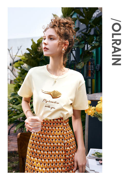 OLrain法式高级穿搭短袖t恤女夏季2022新款宽松时尚印花圆领上衣 商品图3