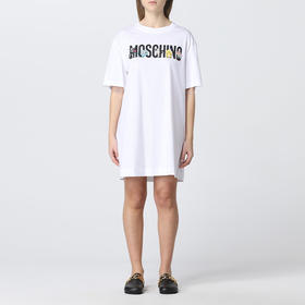 MOSCHINO 莫斯奇诺 女士棉质字母徽标印花圆领短袖T恤裙 白色 0463 0441 6001