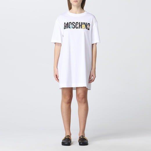 MOSCHINO 莫斯奇诺 女士棉质字母徽标印花圆领短袖T恤裙 白色 0463 0441 6001 商品图0
