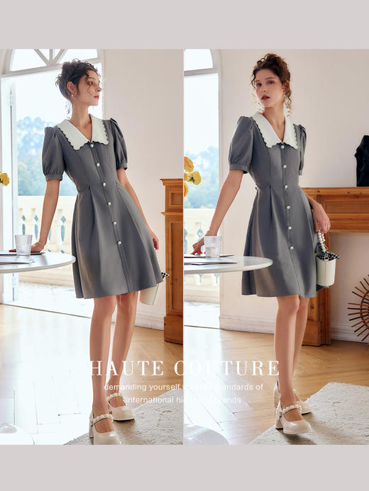 OLrain法式高级穿搭赫本风连衣裙女夏季2022新款收腰撞色泡泡袖裙 商品图2