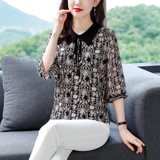 MZ802452 通勤高端真丝桑蚕丝衬衣女2022年新款复古翻领半袖薄款大码上衣夏 商品图2
