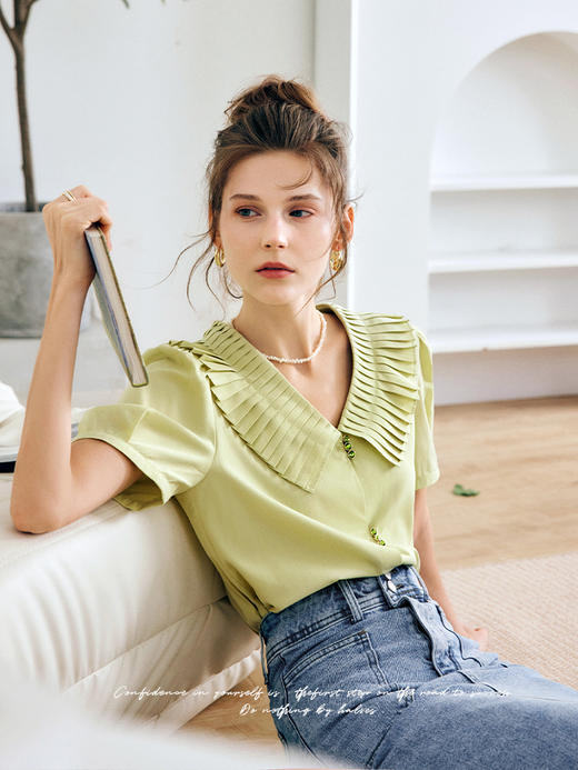 OLrain法式高级穿搭蕾丝雪纺衫女夏季2022年新款宽松时尚压褶衬衣 商品图2