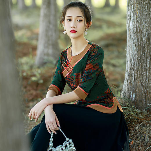 BJ-22038夏季单层两件套小上衣气质长裙莫代尔绿中国风唐装清凉旗袍 商品图1