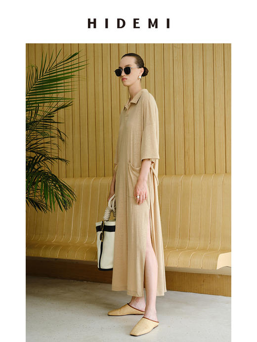 HIDEMI 度假系列薄针织亚麻polo廓形连衣裙 商品图7