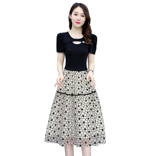 新款时尚气质优雅风拼接镂空假两件印花中长裙子HR-WB22179 商品图4