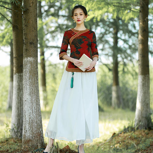 BJ-22038夏季单层两件套小上衣气质长裙莫代尔绿中国风唐装清凉旗袍 商品图3