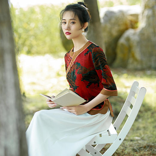 BJ-22038夏季单层两件套小上衣气质长裙莫代尔绿中国风唐装清凉旗袍 商品图2