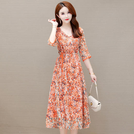 YWE H5805大码雪纺连衣裙修身中长款气质优雅七分袖a字裙 商品图2
