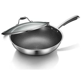 美的MP-CJ32Wok502不花芯炒锅不锈钢燃气电磁炉通用双面屏蜂窝不粘锅32cm316L