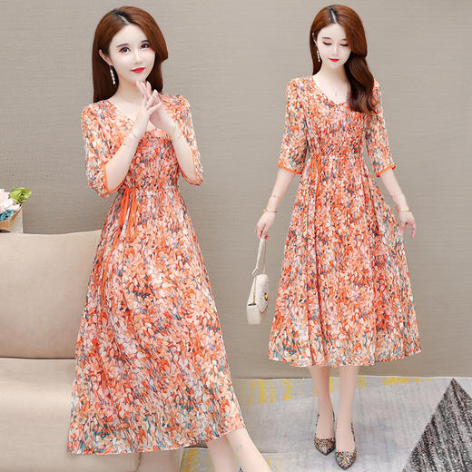 YWE H5805大码雪纺连衣裙修身中长款气质优雅七分袖a字裙 商品图3