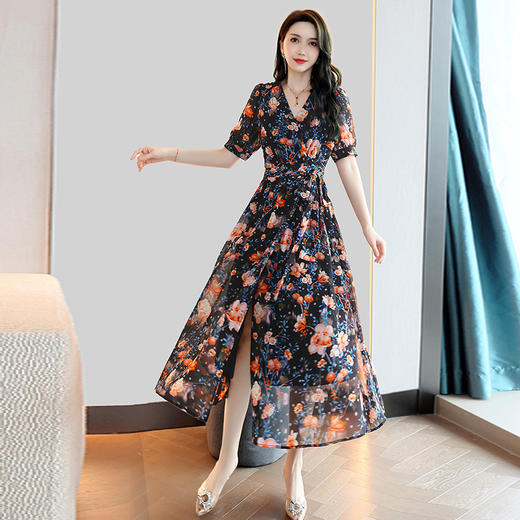 2022新款夏装一片式收腰大裙摆印花中长款时尚垂感连衣裙 HR-LJY-CY22012 商品图2