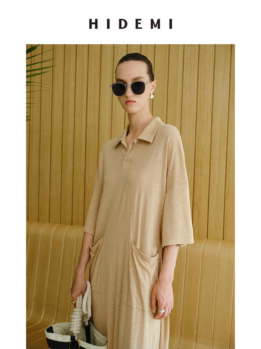 HIDEMI 度假系列薄针织亚麻polo廓形连衣裙 商品图9