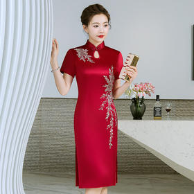 YS-05639旗袍连衣裙洋气高贵醋酸缎镶钻重工礼服宴会礼服