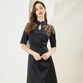 [MA818]斯尔丽瑟俪2022夏上新优雅中式领收腰雪纺烫钻显瘦气质旗袍