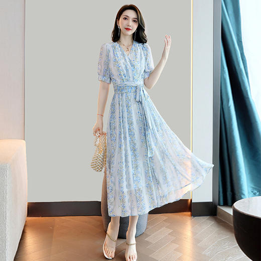 2022新款夏装一片式收腰大裙摆印花中长款时尚垂感连衣裙 HR-LJY-CY22012 商品图0