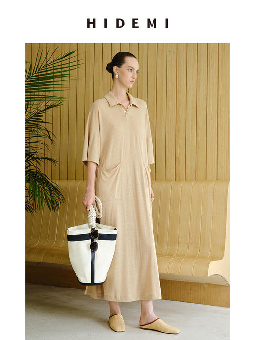HIDEMI 度假系列薄针织亚麻polo廓形连衣裙 商品图3