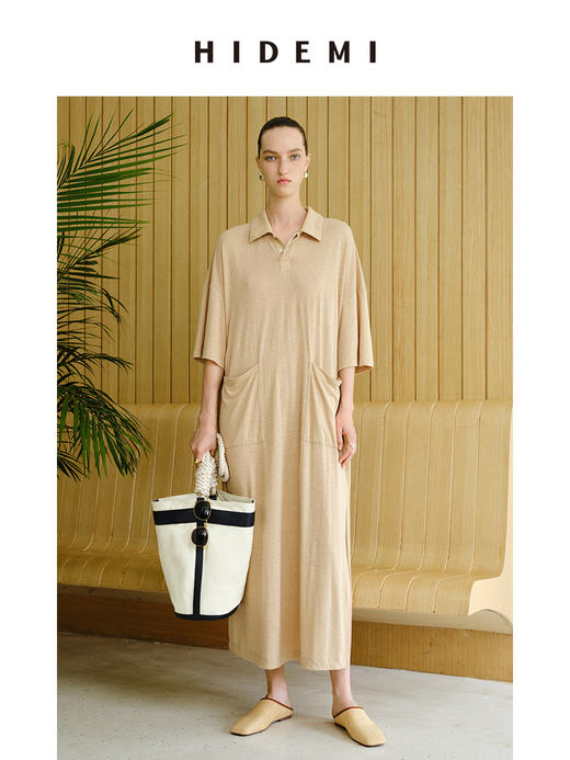 HIDEMI 度假系列薄针织亚麻polo廓形连衣裙 商品图1